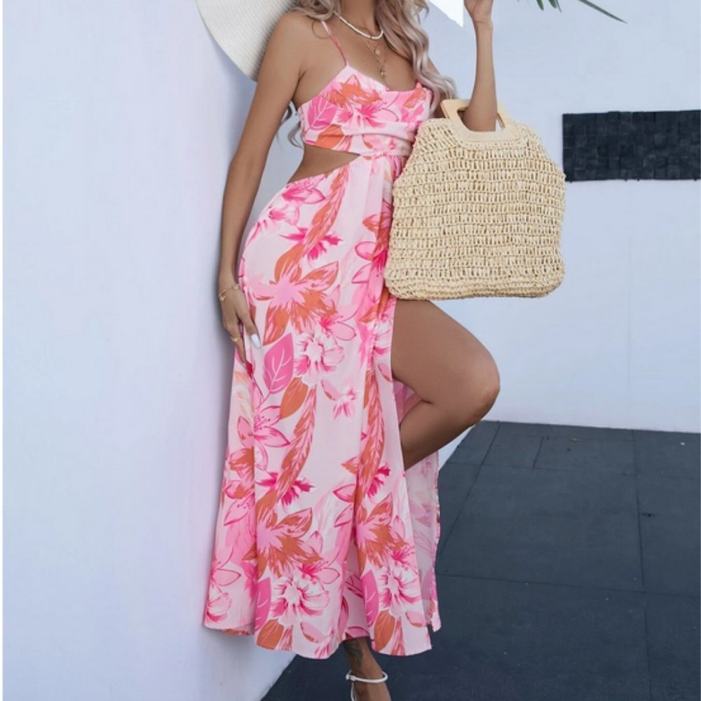Floral print slit thigh cutout waist backless Maxi dress - Picture 5 of 8